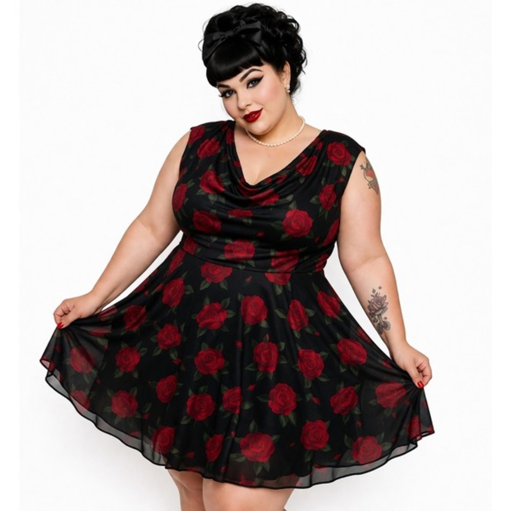 Montgomery Post Womens 3X Red Rose Floral‎ Mesh Cowl Neck Dress Black NWOT